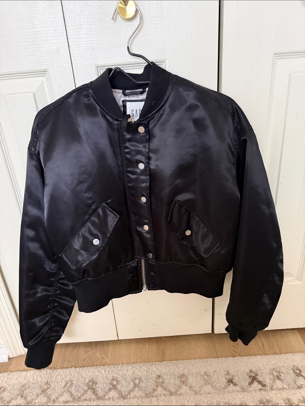 GAP Black Satin Bomber Jacket with Snap Pockets